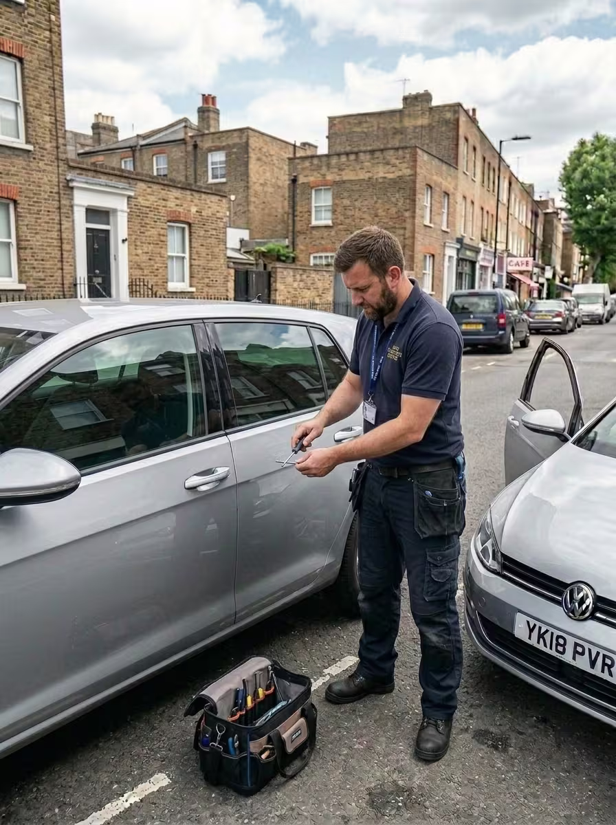An Affordable Locksmith expert using specialized tools to perform a non-destructive car lockout service on a silver vehicle in a residential Reigate street.