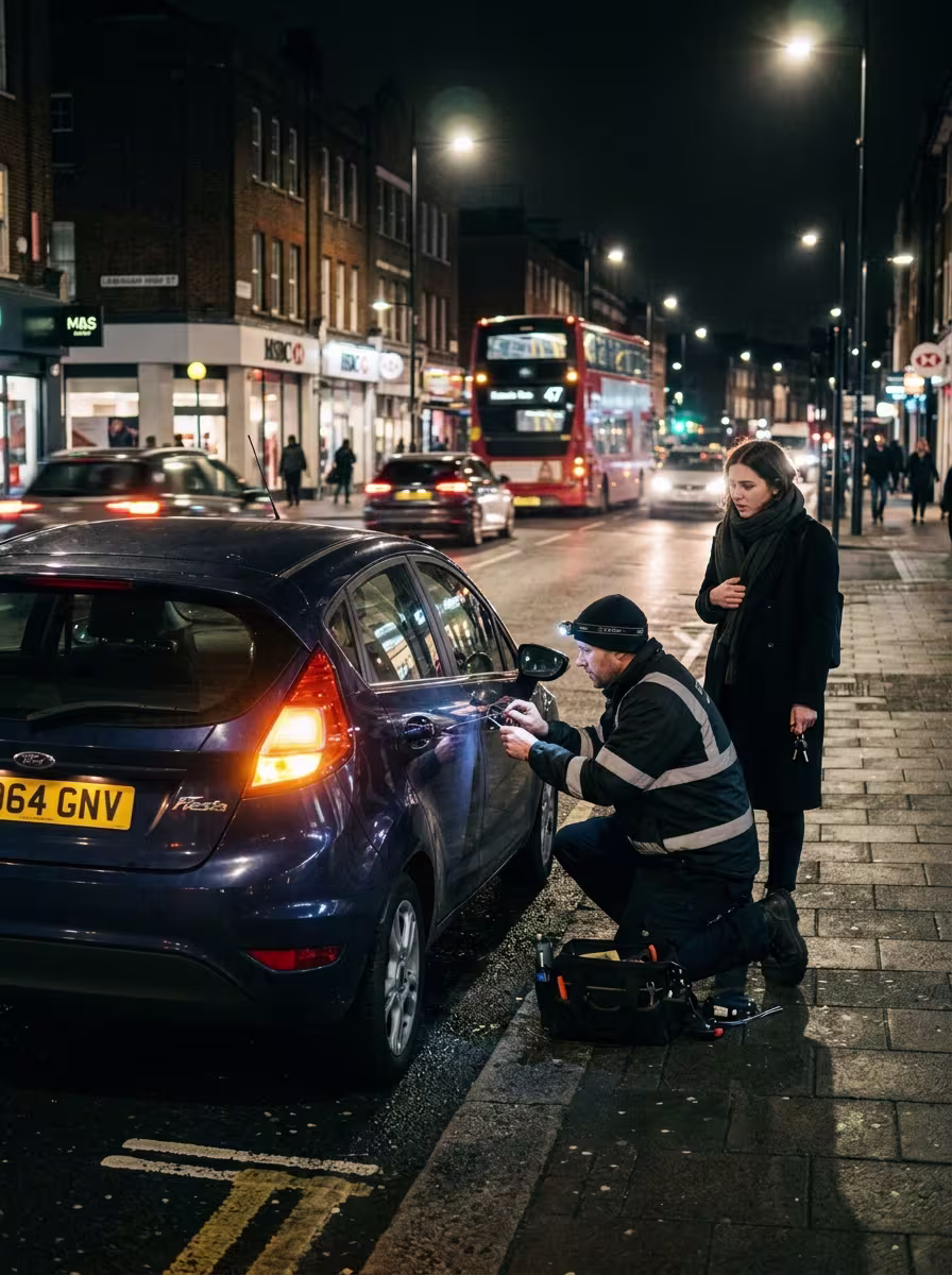 An Affordable Locksmith technician providing emergency roadside assistance at night to unlock a blue Ford Fiesta on a busy London street.